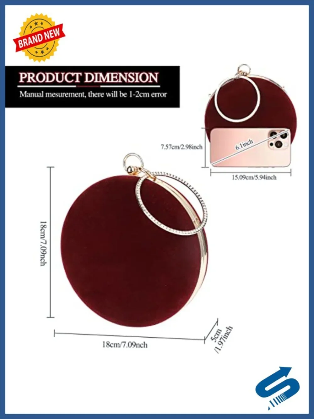 Velvet Round Clutch Evening Bag with Rhinestone Handle & Gold Chain